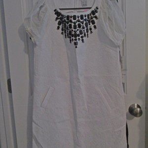 KENSIE $118 White Textured w/Black Accents Sheer Sleeves Dress sz Med NWT
